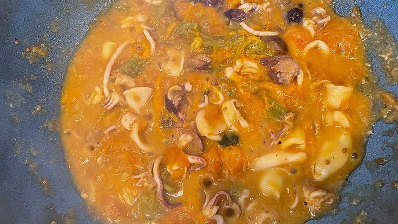 STROZZAPRETI, SQUID, DATTERINO TOMATOES, ZUCCHINI FLOWERS.