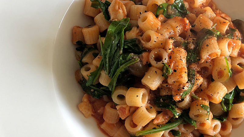 Senatore Cappelli pasta tubes with sea bream and rocket sauce