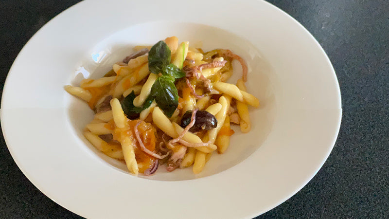 STROZZAPRETI, SQUID, DATTERINO TOMATOES, ZUCCHINI FLOWERS.