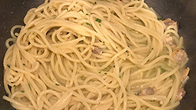 SPAGHETTI SENATORE CAPPELLI, VONGOLE E RISOTTATI CON BOTTARGA