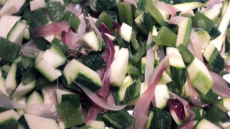 peperone verde, cipollotto e zucchine cotti