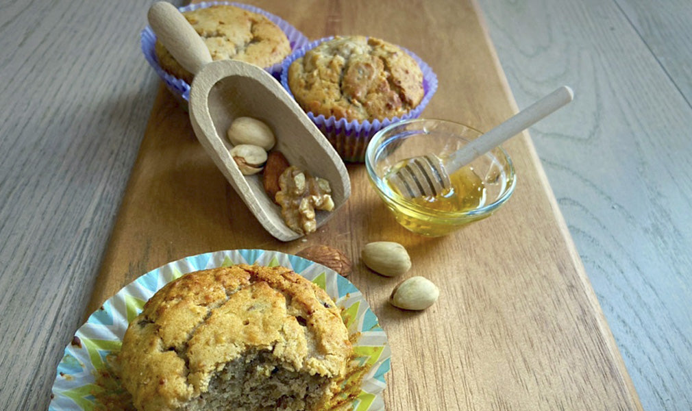 Muffins mit Trockenfrüchten, Honig und Dinkelmehl